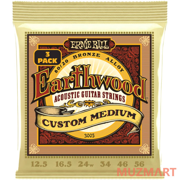 Ernie Ball 3005 Earthwood 80/20 Bronze Custom Medium 3 Pack 10-52 Струны для акустической гитары