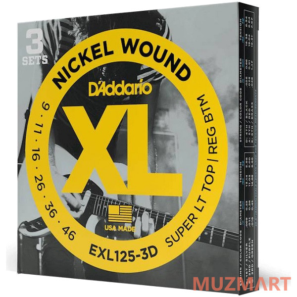 D'Addario EXL125-3D Струны для электрогитары, 3 комплекта в упаковке